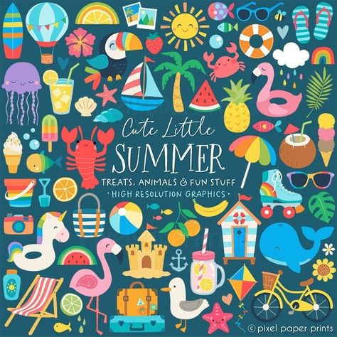 Summer Clip Art- Cute Little Summer Clipart - Over 200 graphics - Graphics - Bundle - Digital - Beach, animals, pool party, summer food Beach Animals, Summer Clip Art, Beach Graphics, Summer Graphics, Pool Party Summer, Mobile Library, Print Planner, Summer Clipart, Graphic Design Tools