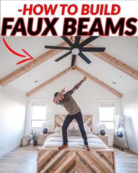 Mr. Build It - Building Faux Ceiling Beams One Side Vaulted Ceiling Beams, Diy Faux Beams Vaulted Ceiling, Fake Beams On Ceiling, Faux Beams Vaulted Ceiling, Fake Beams Ceiling, Fake Beam, Vaulted Ceiling Beams, Faux Ceiling Beams, Roof Ceiling