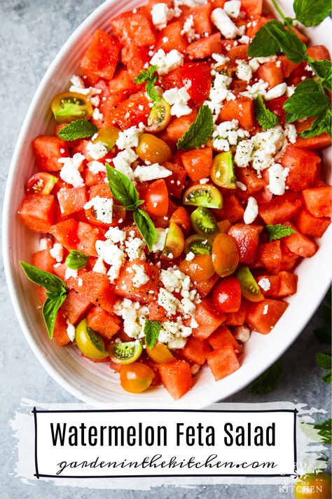 Watermelon Tomato Feta Salad, Feta Watermelon, Sausage Kabobs, Salad With Mint, Veggie Kabobs, Classic Pasta Salad, Feta Salad Recipe, Jar Salads, Heirloom Tomato Salad