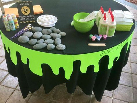 Mad Scientist Birthday  | CatchMyParty.com Science Birthday Decorations, Mad Scientist Day At School, Stem Birthday Party Ideas, Mad Scientist Birthday Party, Mad Scientist Party Decorations, Science Party Decorations, Science Lab Decorations, Mad Scientist Halloween, Mad Scientist Birthday