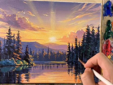 Lake Reflection Painting, Correa Art, Acrylic Painting Sunset, Lake Reflection, Reflection Painting, Reflection Art, Painting Sunset, Sunset Lake, Lake Sunset