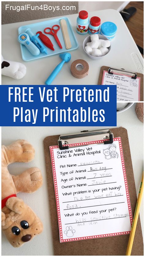 Free Vet Pretend Play Printables - Frugal Fun For Boys and Girls Vet Sensory Play, Vet Dramatic Play Printables Free, Vet Pretend Play, Pet Study, Pretend Play Printables, Pre Writing Practice, Play Printables, Dramatic Play Printables, Theme Preschool