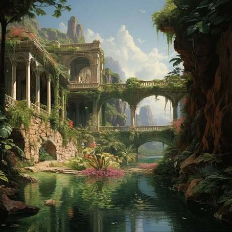 Tropical Castle, Jungle Castle, Fantasy World Art, Theme Park Ideas, Fantasy Place, Aesthetic Tropical, Blood Of Olympus, Indoor Courtyard, Map Ideas