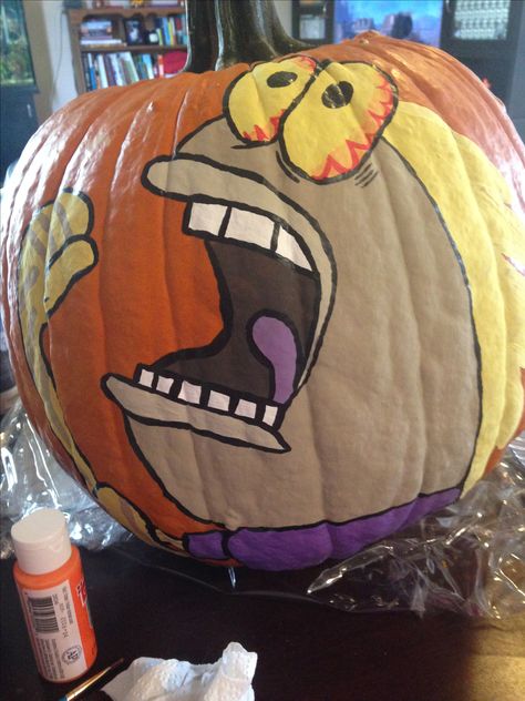 Emo Spongebob Pumpkin, Goofy Pumpkin Painting, Painted Pumpkins Funny, Pumpkin Painting Ideas Spongebob, Anime Pumpkin Painting, Spongebob Pumpkin Painting, Spongebob Pumpkin Carving, Pumpkin Painting Funny, Pumpkin Painting Ideas Funny