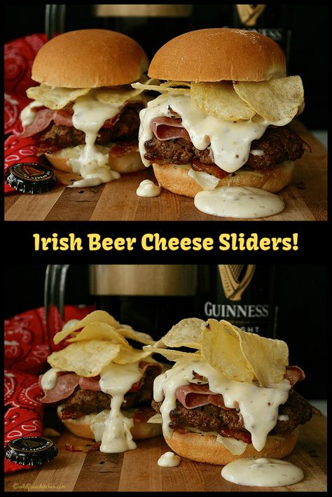 Irish Corned Beef, Cabbage, Bacon and Beer Cheese Sliders Irish Burgers St Patrick, Irish Sliders, Irish Sandwiches, Irish Burger, Irish Corned Beef, Burger Recipes Seasoning, Sautéed Cabbage, Salt And Vinegar Potatoes, Beer Cheese Sauce