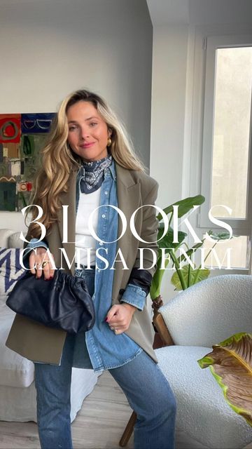 Julia March on Instagram: "3 LOOS con CAMISA DENIM 💙 es una de las prendas de fondo de armario que todas deberíamos tener! Da mucho juego a la hora de combinar y es una buena alternativa a la clásica azul cielo. Más moderna y con ese toque casual, a mi me chifla esta prenda y hoy os propongo estos 3 looks muy diferentes para sacarle el máximo partido. ¿Con cuál te quedas? ❤️ . . #looks #ootd #outfitideas #outfitinspiration #outfitinspo #putfit #3looks #howtowear #howtostyle #zara #mango #stylis March Outfits, Outfit Mujer, Denim Outfit, Jean Outfits, Mango, Ootd, Zara, On Instagram, Instagram