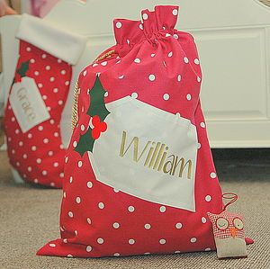 Christmas Sack Ideas, Santa Sacks Diy, Personalised Christmas Sack, Alphabet Gifts, Personalised Santa Sacks, Dog Christmas Stocking, Santa Sacks, Stocking Ideas, Santa Bags