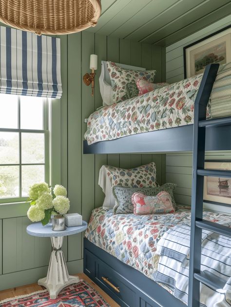 coastal cottage girls blue painted bunk beds with light green walls and rattan light fixture Sea House Interior, Coastal Bunk Room, Farm Pool, House Manifestation, Bedroom Ideas Decor, Coastal Cottage Bedroom, Bunk Room Ideas, Waterfront House, Bunk Bed Rooms