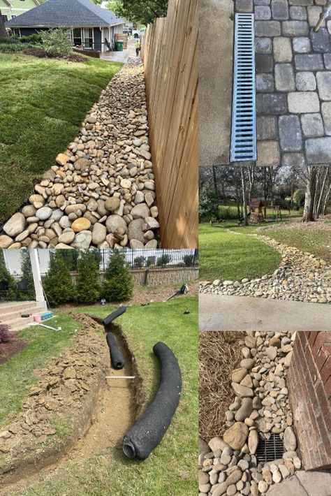 Drainage Solutions Landscaping, Rock Drainage, Yard Drain, Landscape Drainage, Backyard Drainage, Yard Drainage, Drainage Solutions, Backyard Diy, Landscaping With Large Rocks