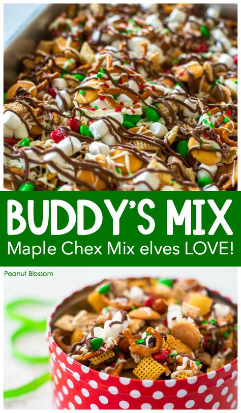 Elf Theme Snacks, Elf Chex Mix Recipes, Buddy The Elf Chex Mix Recipe, Buddy The Elf Recipes, Christmas Elf Party, Buddy The Elf Dessert Ideas, Sweet And Savory Christmas Treats, Buddy The Elf Snacks, Elf Movie Desserts