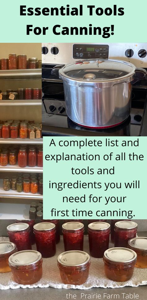 Canned items on a shelf, pressure canner on a stove, jelly made in jars. Basic Canning Instructions, First Time Canning Recipes, Canning Must Haves, Types Of Canning, Fufilling Food, Canning Essentials, Canning Basics, Canning Pantry, Pioneer Skills