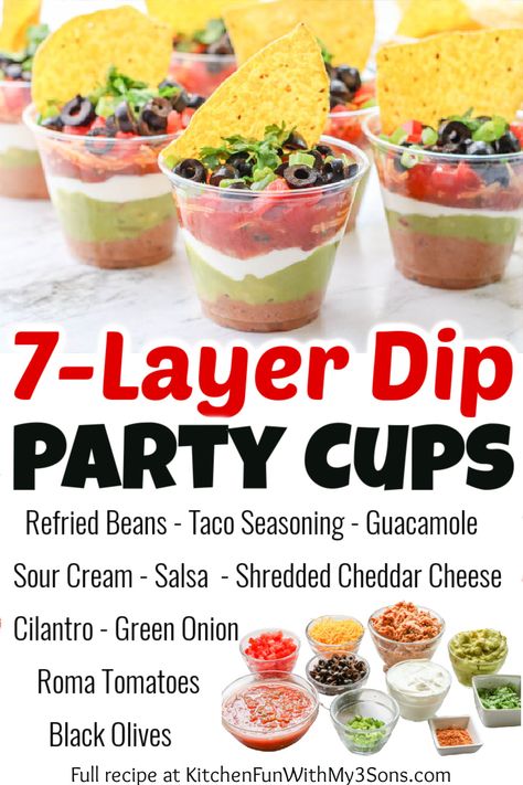 Taco Dip With Salsa, 7 Layer Dip Cups, Layered Dip Cups, Dip Party, Appetizer Cups, Layered Dip Recipes, 7 Layer Dip, Layered Taco Dip, Mexican Buffet