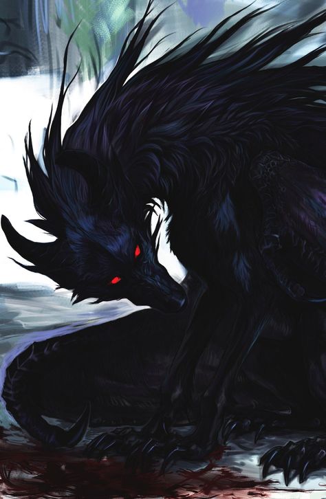 Demon Bat Art, Wolf Dragon Art, Wolf Mythical Creatures, Shadow Wolf Demon, Amphitere Dragon, Crow Fantasy Art, Shadow Wolf Art, Demonic Animals, Crow Dragon