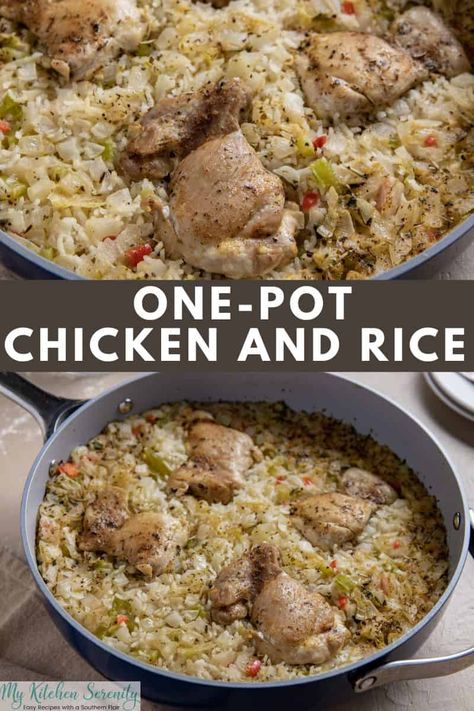 Easy 30-minute stovetop one pot chicken and rice is made with seasoned boneless, skinless chicken thighs, herbs, broth, and rice! Comfort food bliss! Chicken Thigh And Rice Recipe, Southern Chicken And Rice, Chicken Thigh Casserole, Boiled Chicken And Rice, One Pot Chicken And Rice, Skinless Chicken Breast Recipes, Chicken Thighs Dinner, Chicken And Rice Recipe, Southern Chicken