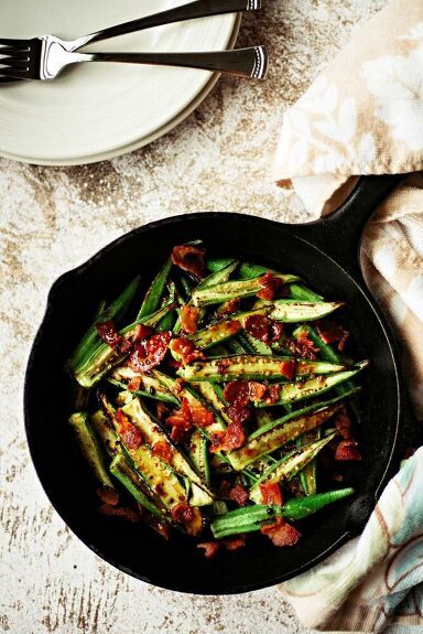 Cook Roasted Okra with Warm Bacon Vinaigrette in a cast-iron skillet on top of the stove until it is tender and slightly charred, then top with an amazing honey-mustard-bacon dressing and more crumbled bacon.Savory and sweet, serve this roasted okra recipe from stove-to-table right in the same pan as an appetizer or side dish.The best okra recipes always start with fresh okra, whether pan-fried, oven-fried, grilled, or roasted like today’s recipe made with whole okra pods sliced in hal… Warm Bacon Vinaigrette, Grilled Okra, How To Cook Okra, Fresh Okra, Warm Bacon Dressing, Bacon Vinaigrette, Roasted Okra, Okra Recipe, Bacon Dressing