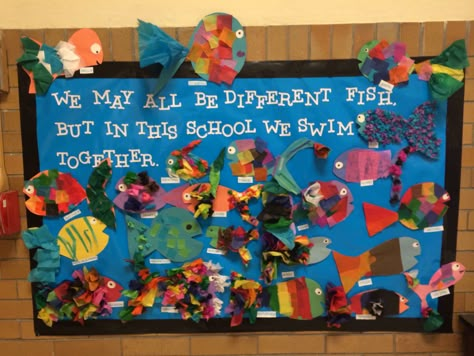 Diversity bulletin board, get residents to make the fish and make it summer themed! #flsouthernra Diversity Bulletin Board Elementary, Multicultural Bulletin Board, Diversity Display, Diversity Bulletin Board, Diversity Activities, Harmony Day, Collaborative Art Projects, Class Displays, Ra Ideas