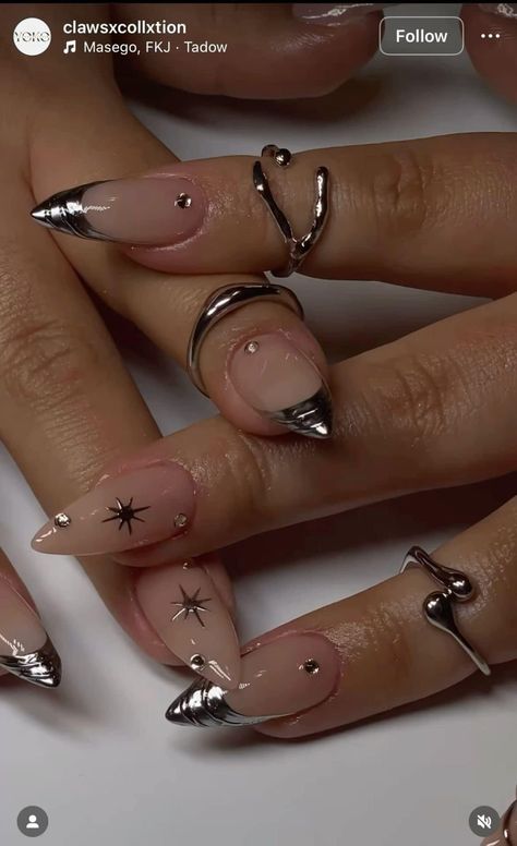 Chrome Y2k Nails, Dark Fairy Nails, Sliver Nails, Silver Nail Designs, Stunning Nail Designs, Nail Art Gel, Eye Nails, Grunge Nails, Work Nails