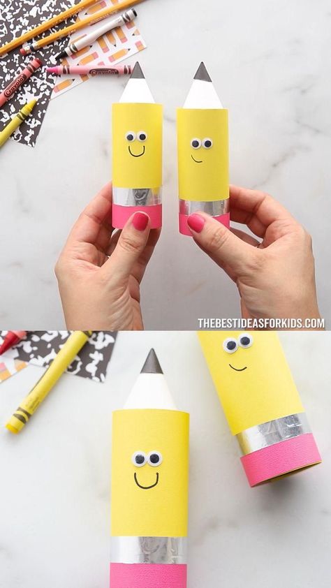 Toilet Paper Roll Pencil - a cute back to school craft for kids! Back To School Crafts For Kids, Creative Kids Crafts, Back To School Crafts, Hand Crafts For Kids, Toilet Paper Roll Crafts, Paper Roll Crafts, Diy Crafts For Kids Easy, Kraf Diy, Paper Crafts For Kids