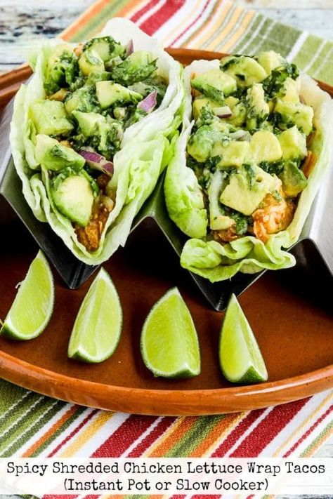 Three Easy Recipes for Shredded Chicken Tacos featured on Slow Cooker or Pressure Cooker Lettuce Wrap Tacos, Spicy Shredded Chicken, Low Carb Mexican Food, Chicken Cooker, South Beach Diet Recipes, Slow Cooker Shredded Chicken, Shredded Chicken Tacos, Spicy Tacos, Low Carb Mexican