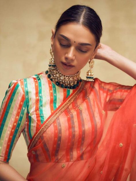 aditi rao hydari in raw mango saree 1 Stripe Blouse Designs, Striped Blouse Designs For Saree, Aditi Rao Hydari Saree Blouse Designs, Stripes Blouse Designs, Aditi Rao Hydari Saree, Red Net Saree, Red Organza Saree, Striped Blouse Designs, Aditi Rao Hydari Pink Saree