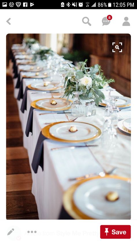 Table decor gold chargers and chocolate on plate navy napkins under plate Gold Place Setting, Wedding Place Settings, Rustic Barn Wedding, Wedding Table Decorations, Wedding Decor Elegant, Wedding Table Settings, Wedding Tablescapes, Wedding Places, Wedding Napkins