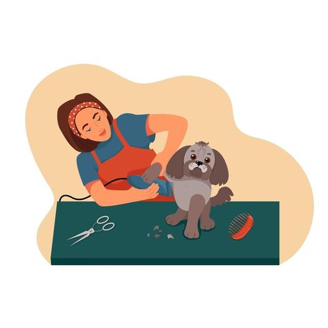 Grooming for pets, girl cuts the dog on the table, vector illustration in flat style, cartoon Pet Grooming Illustration, Dog Grooming Illustration, Table Vector, Pet Branding, Spring Break Nails, Hair Illustration, Dog Salon, Pet Spa, Girls Cuts