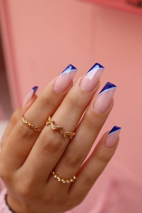 Blue French Tip Nails Square With Design, Blue Polygel Nails Design, Blue Nails Extensions, Classy Royal Blue Nails, Short Square Acrylic Nails Royal Blue, French Extensions Nails, Short Square Acrylic Nails Blue French Tips, Cobalt Blue Nails French Tip, Dark Blue French Tip Nails With Design