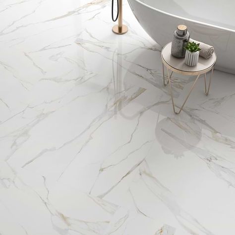 Minera Aurora Gold 48x48 Marble Look Polished Porcelain Tile | Tilebar.com Porcelain Tile Bathroom, Marble Tile Bathroom, White Tile Floor, Polished Porcelain Tiles, Look Polished, Large Tile, Marble Flooring, Marble Look Tile, Porcelain Floor