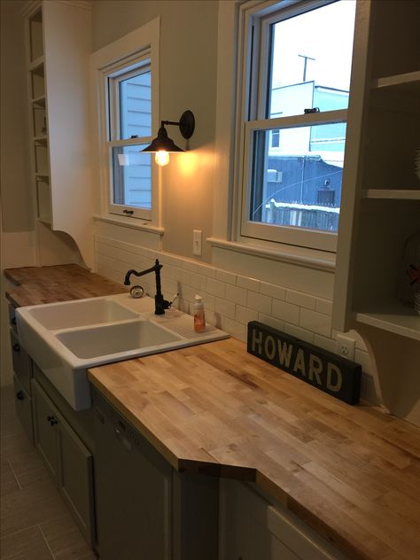 Butcher block counters with farm sink, blend of existing cabinets and new in historic home. Butcher Block Counters, Kitchen Sink Ideas, Butcher Block Counter, Sink Ideas, Farm Sink, Butcher Block Countertops, Kitchen Tops, Updated Kitchen, Historic Home