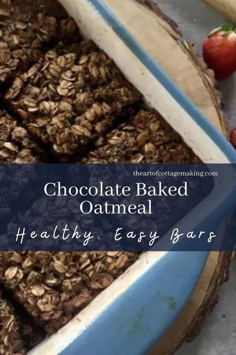 Healthy Chocolate Baked Oatmeal is sliced into bars next to strawberries on a rustic serving tray. Chocolate Oat Bar, Oatmeal With Chocolate, Chocolate Baked Oatmeal, Baked Oatmeal Recipes Healthy, Low Calorie Brownies, Peanut Butter Breakfast Bar, Healthy Cocoa, Chocolate Baked Oats, Oatmeal Bars Healthy