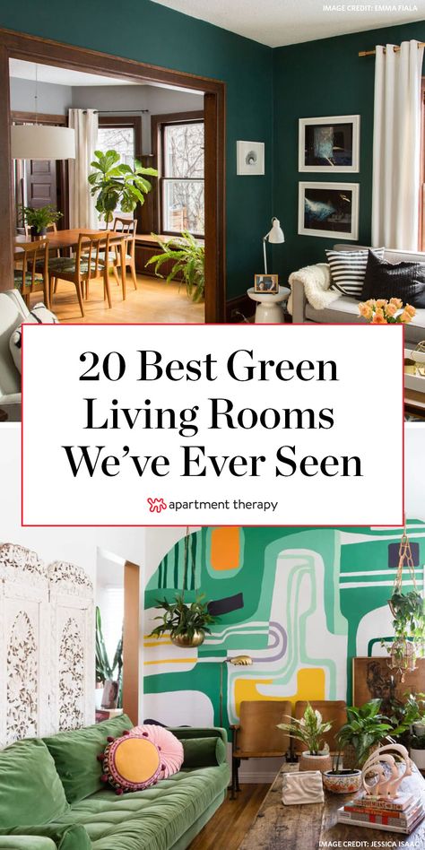 The 20 Best Green Living Room Ideas We’ve Ever Seen - Stylish Green Living Rooms | Apartment Therapy Green Living Room Color Scheme, Green Living Rooms, Living Room Design Green, Green Family Rooms, Green Living Room Ideas, Earth Tone Living Room, Green Accent Wall, Blue And Green Living Room, Green Walls Living Room