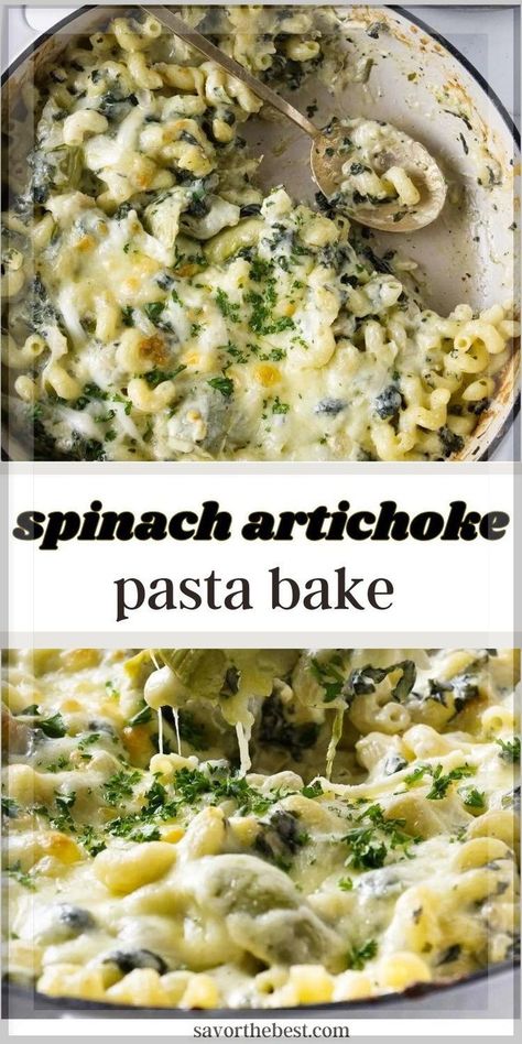 Creamy, cheesy and savory, our Spinach Artichoke Pasta Bake is a delicious, easy pasta dish! It’s the perfect easy comfort food casserole that borrows hearty flavors from everyone’s favorite spinach artichoke dip. Spinach, cream cheese and artichokes along with four types of cheeses create a rich and creamy sauce for tender pasta. Spinach Artichoke Pasta Bake, Artichoke Pasta Bake, Comfort Food Casserole, Spinach Cream Cheese, Spinach Pasta Bake, Spinach Artichoke Pasta, Cream Cheese Pasta, Healthy One Pot Meals, Goat Cheese Pasta