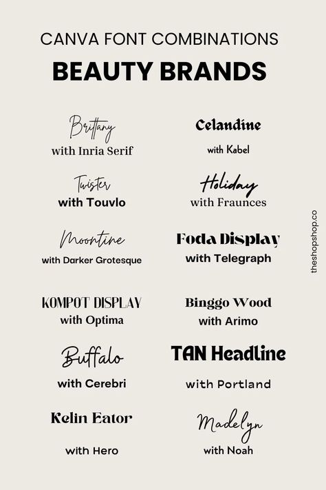 24 Canva Fonts for Beauty Brands - Danielle Verderame Marketing Agency Fonts For Titles, Fonts For Posters, Fonts With Tails, Canva Fonts Aesthetic, Canva Font Combinations, Fonts For Logo, Business Card Fonts, Business Fonts, Website Fonts