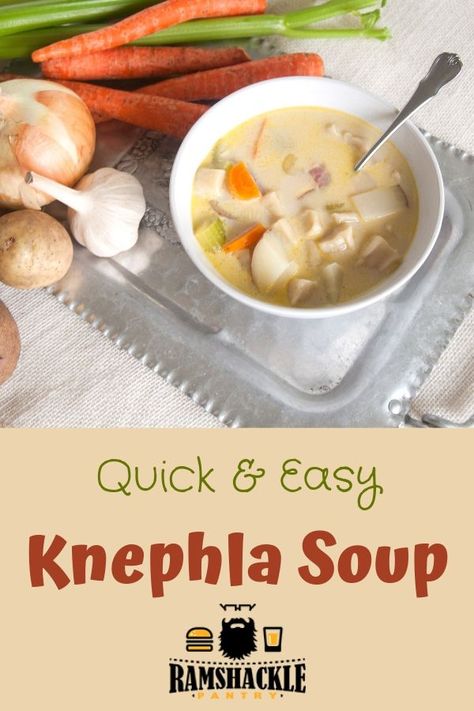 Upper Midwest comfort food straight from German heritage. This Quick and Easy Knephla Soup is so delicious and worth a try! #ramshacklepantry #knephla #german #soup #dumplings via @ramshacklepantr Knephla Soup, German Soup, Knoephla Soup, Chilled Soup Recipes, Albondigas Soup Recipe, Dinner Soup Recipes, Whole30 Soup Recipes, Scotch Broth, Quick Soup Recipes