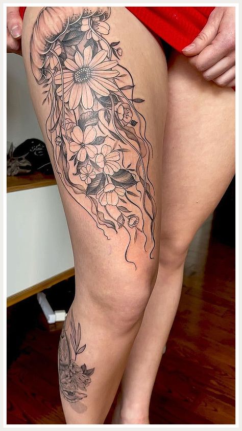 Tattoos For Woman - Never lose this opportunity to get what you need - buy NOW and have what you need and deserve! Sea Animal Hip Tattoo, Jellyfish Tattoo On Thigh, Jelly Fish Tattoo With Flowers, Jelly Fish Thigh Tattoo, Turtle Thigh Tattoo, Nature Thigh Tattoo, Jellyfish Thigh Tattoo, Thigh Tattoos Women Color, Calf Sleeve Women Tattoo