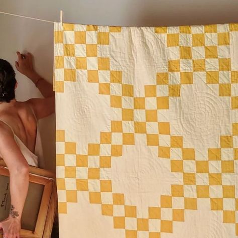 Caravan Quilts on Instagram: "SOLD Vanilla and Yellow Irish Chain Quilt Absolutely beautiful, a classic combo. Machine pieced and hand quilted, this two tone,  vintage quilt is pretty perfect. Lovely circle/rings quilting motif. Washed, with a few small flecks of age related tan, it's in excellent condition. Small round mark on back edge as shown. Medium weight Measures 68 x 86 $SOLD + shipping (NY residents pay sales tax, international shipping additional) Comment SOLD to claim *15 min p Mustard Quilt, Irish Chain Baby Quilt, Yellow Patchwork Quilt, Double Irish Chain Quilt, Quilts With Yellow Background, Cool Bookshelves, Irish Chain Quilt, Yellow Quilts, Yellow Bedding