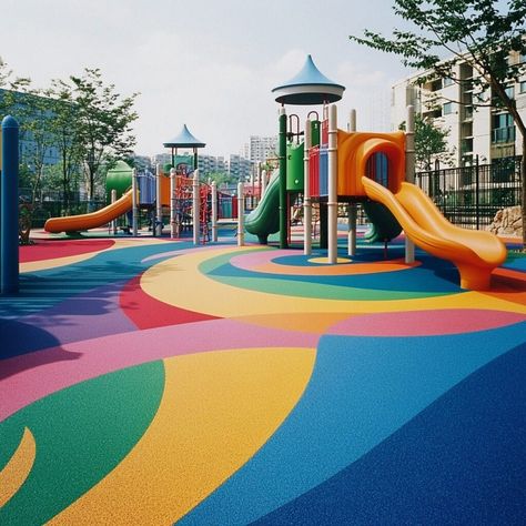 Colorful rubber flooring for playgrounds—safe, cushioned, and perfect for child-friendly outdoor spaces. This vibrant rubber material provides impact absorption while enhancing visual appeal with swirling patterns, making it ideal for creating fun, engaging environments that prioritize safety and aesthetics. Playground Aesthetic, Rubber Playground Flooring, Building Materials Architecture, Rubber Playground, Playground Flooring, Floor Pattern, Playground Design, Child Friendly, Rubber Flooring