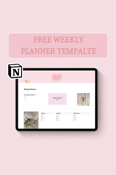 Notion Weekly, Planners Aesthetic, 2024 Notion, Pink Notion, Free Weekly Planner Templates, Free Weekly Planner, Digital Planner Ideas, Templates Aesthetic, Free Daily Planner