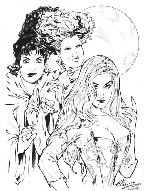 http://elias-chatzoudis.deviantart.com/art/The-Sanderson-Sisters-569168358 Hocus Pocus Coloring Pages, Horror Drawings, Procreate Inspiration, Coloring Halloween, Hocus Pocus Witches, Halloween 23, Witch Coloring Pages, Sanderson Sisters Hocus Pocus, Tattoo Reference