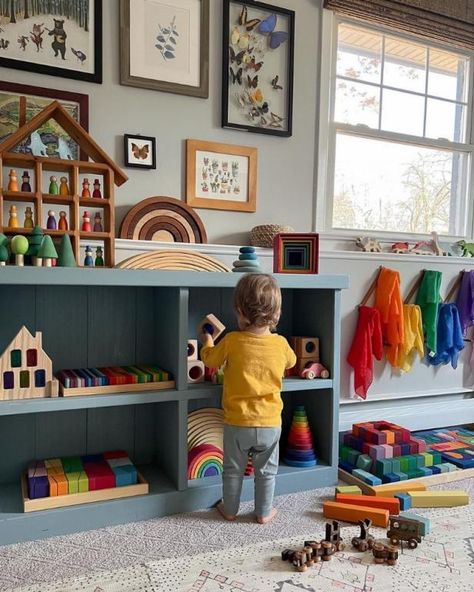 Dark Wall Playroom, Dark Blue Playroom, Playroom Blue Walls, Blue Wall Playroom, Boys Playroom Paint Ideas, Blue Green Playroom, Blue Playroom Ideas, Playroom Color Ideas, Cabin Playroom