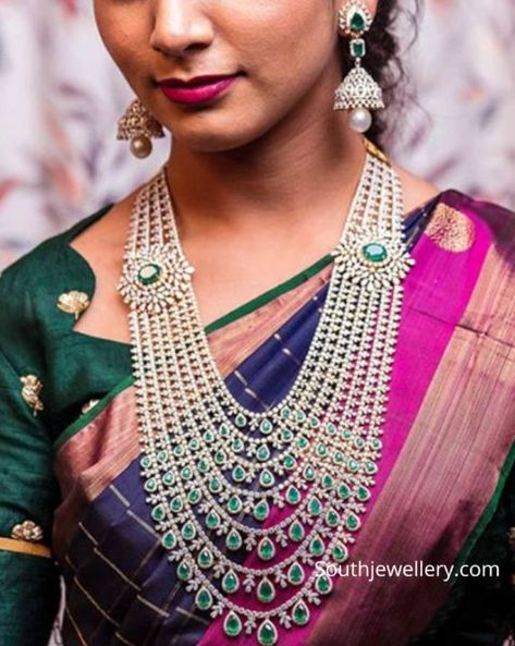 Diamond and emerald step haram and jhumkas photo Panch Lada Haar, Emerald Haram Jewellery Designs, Steps Haram Designs Gold, Emerald Haram Indian, Temple Style Emerald Necklace With Tilla For Wedding, Kandoli Designs, Traditional Diamond Haram, Diamond Steps Haram, Panch Lada