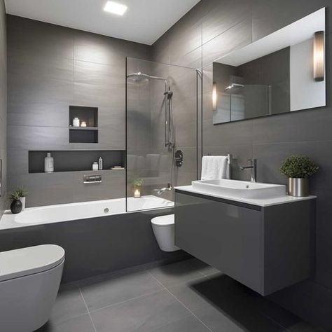 Minimalist Grey Bathroom Ideas for Small Modern Spaces • 333+ Images • [ArtFacade] Small Grey Bathroom Ideas Decor, Small Bathroom White And Grey, Bathroom Interior Grey And White, Grey Contemporary Bathroom, Bathroom Grey Design, Bathroom Ideas Light Grey, Grey And White Bathroom Ideas Decoration, Grey Tiled Bathrooms Ideas, Simple Grey Bathroom