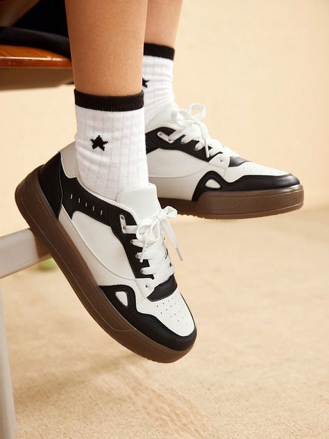 Women Solid Color Patchwork Casual Sneakers, For Daily Leisure Wear Shoes For Women Sneakers Black and White Sporty    Plain    Women Shoes, size features are:Bust: ,Length: ,Sleeve Length: Casual Sneakers Women, Casual Shoes Women, Leisure Wear, Sneakers Black, Casual Sneakers, Luggage Bags, All Fashion, Women Clothes Sale, Apparel Accessories