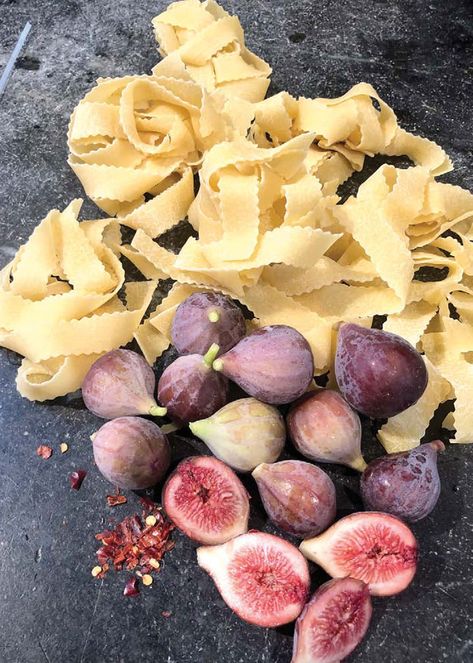 Pappardelle Pasta with Fresh Figs, Chile, Lemon & Cream Fig Pasta Recipe, Pappardelle Goat Cheese, Lemon Pappardelle Recipes, Unique Pasta Recipes, Fennel Gnocchi, Caramelized Wild Mushroom Pappardelle Pasta, Unique Pasta, Pappardelle Pasta, Whats In Season