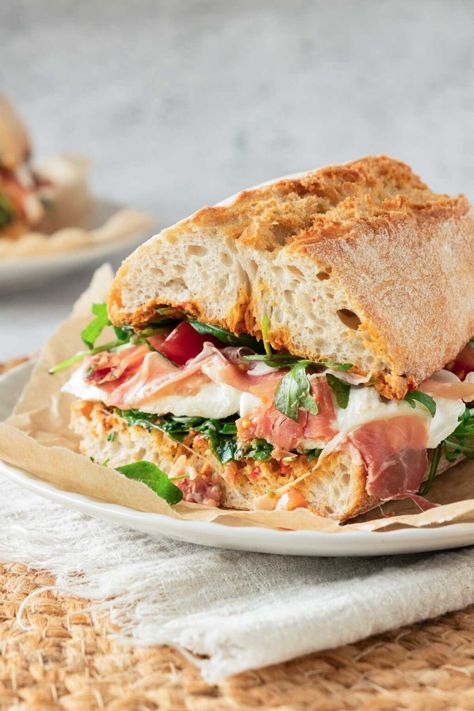 Food Beach Photography, Procuttio Sandwich Recipes, Roasted Pepper Sandwich, Burrata Panini, Burrata Tomato Sandwich, Burrata Sandwich Recipe, Crispy Prosciutto Sandwich, Prosciutto Burrata Sandwich, Prosciutto Ciabatta Sandwich