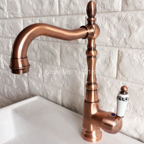 Swivel Spout Water Tap Antique Red Copper Single Handle Single Hole Kitchen Sink & Bathroom Faucet Basin Mixer Tap anf418 Copper Sink Faucet, Kitchen Basin Sink, Copper Kitchen Faucets, Kitchen Wet Bar, Kitchen Basin, Lavatory Sink, Copper Bathroom, Basin Sink Bathroom, Bathroom Sink Taps