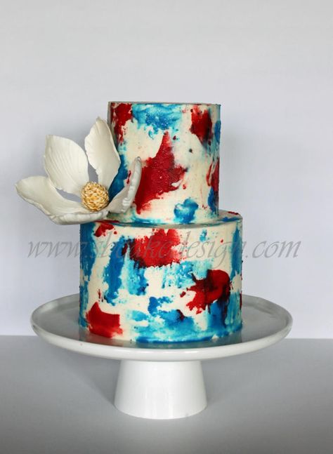 Red, white and blue buttercream I loved the watercolor buttercream that Jamie Hoffman of Yuma Couture cakes has used, so I decided to try it out in a two-tone version for a Memorial Day Cake. Finished it with a funky gumpaste magnolia-ish flower  SB Cake Design Jubilee Cakes, Memorial Day Cake, Recipe Desert, Cake Design Wedding, Bacon Chocolate, Patriotic Cake, Olathe Kansas, Fourth Of July Cakes, Blue Birthday Cakes