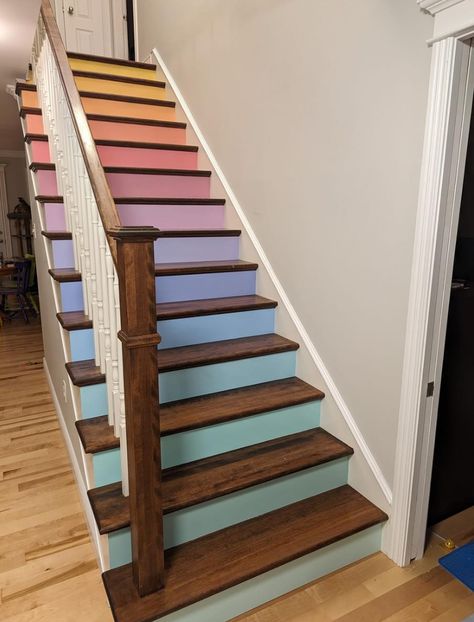 Rainbow Stairs, Stair Posts, Maximalist Home, Painted Stairs, Buying A New Home, Beige Walls, House Goals, Small Space Living, New House