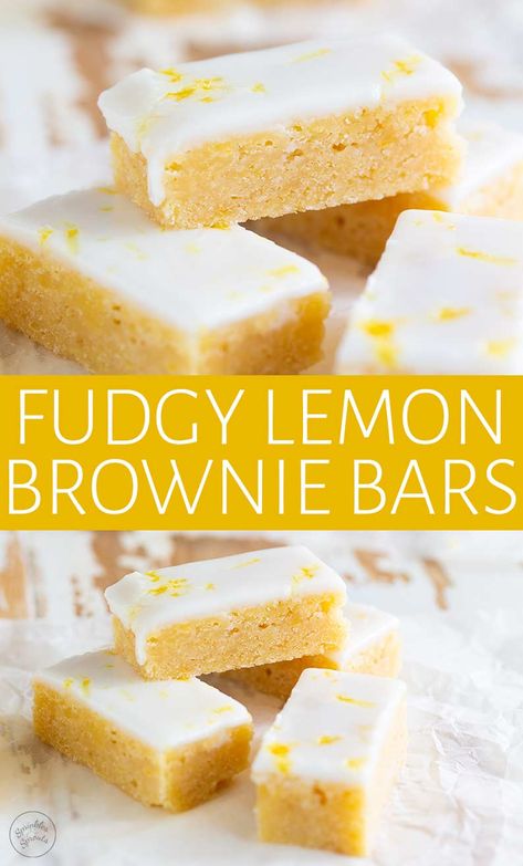 These Fudgy Lemon Brownie Bars or Lemon Blondies are bright and fresh - just perfect for the end of summer. They are so easy to make, baking in 20 minutes and have the BEST texture. It's that soft, melt in the mouth fudgy chewy brownie texture that you love, but with a summer twist. These lemony brownies are covered with a sweet yet tart glaze that makes these little bites so delicious that it is impossible to stop at just one! So grab your 9x13 pan and start baking! Brownie Cake Recipe, Brownie Bars, Lemon Brownies, Kek Lapis, Resep Brownies, Dessert Oreo, Chocolate Cake Recipe Easy, Chewy Brownies, Lemon Dessert Recipes