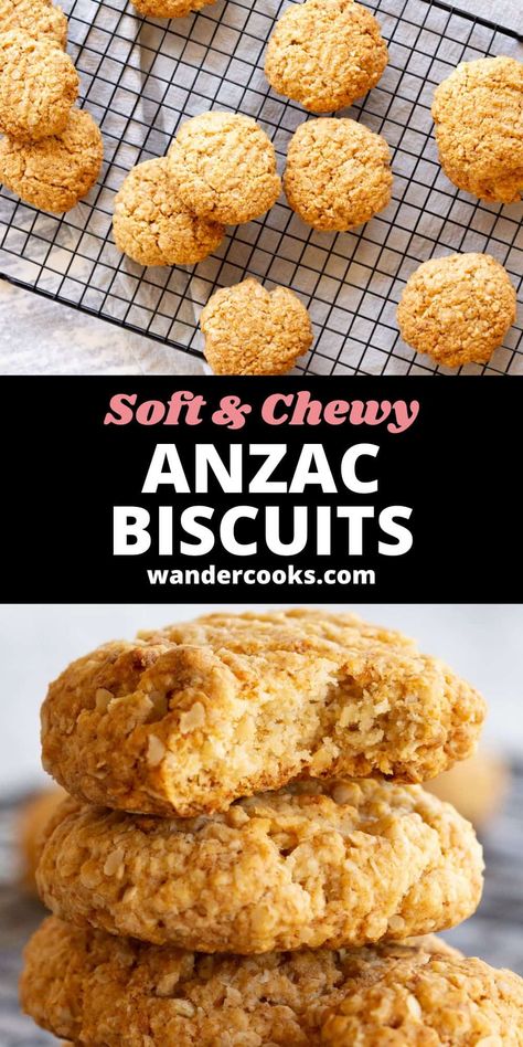 An easy recipe for the most deliciously chewy Anzac biscuits EVER! Made with self raising flour and quick oats, they're super quick to bake (only 5 mins prep!) and deliciously soft and chewy. The perfect snack alongside a hot cuppa. Easy Anzac Biscuits, Australian Snacks, Anzac Cookies, Australian Desserts, Easter Recipe, Self Raising Flour, Anzac Biscuits, Favorite Cookie Recipe, Biscuits Easy